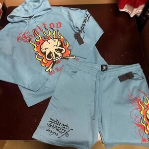 Ed Hardy turquoise skull graphic pullover men’s hoodie with shorts set size  XL.